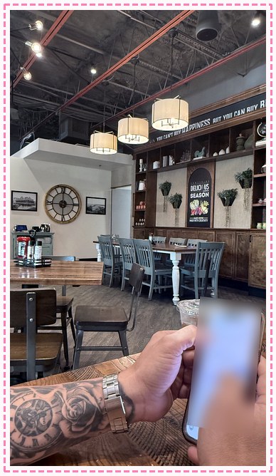 fiancé at brunch, phone screen blurred